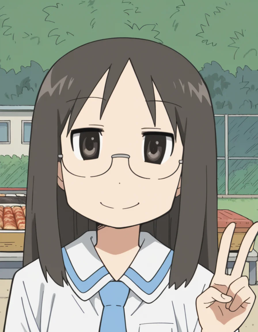 score_9, score_8_up, score_7_up, source_anime, <lora:mai-minakami-s1-ponyxl-lora-nochekaiser:1>, mai minakami, long hair, black hair, glasses, black eyes,, skirt, school uniform, necktie, tokisadame school uniform, backyard, barbecue, grilling, laughter, summer evening, smile, v, v over mouth, smug,, looking at viewer, solo,, dutch angle, cowboy shot