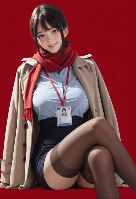 1girl,solo,red background,,ruanyi0904,black skirt,blue shirt,coat,red scarf,see-through legwear,red lanyard,ID card,<lora:0904 Douki Chan clothing_v1_pony:1>, score_9, score_8_up, score_7_up, score_6_up, score_9, score_8_up, score_7_up, score_6_up source_anime, blush, 1girl, seduce smile, perfect body , natural huge breasts