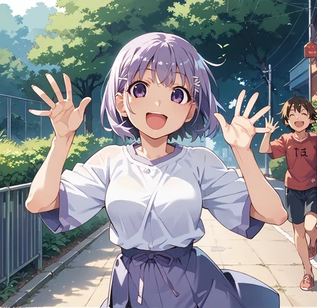 <lora:watanabe_akio:1>
score_9, score_8_up, score_7_up, score_6_up, 
watanabe akio,poyoyon rock, watanabeakio, 
open mouth,bright purple eyes,medium breasts,(:3),happy,waving arms