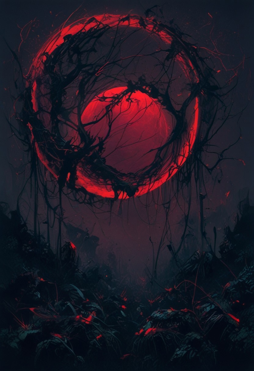 zPDXL2, NightScapes, ((score_9, score_8_up, score_7_up)), masterpiece, hd, detailed, bad_pictures, mythp0rt, dark theme, DonMN1gh7XL BREAK ((full moon, red moon)), silhouette of an eldritch entity appearing on the moon,