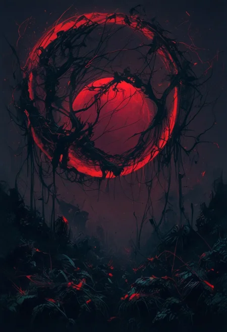 zPDXL2, NightScapes, ((score_9, score_8_up, score_7_up)), masterpiece, hd, detailed, bad_pictures, mythp0rt, dark theme, DonMN1gh7XL BREAK ((full moon, red moon)), silhouette of an eldritch entity appearing on the moon,
