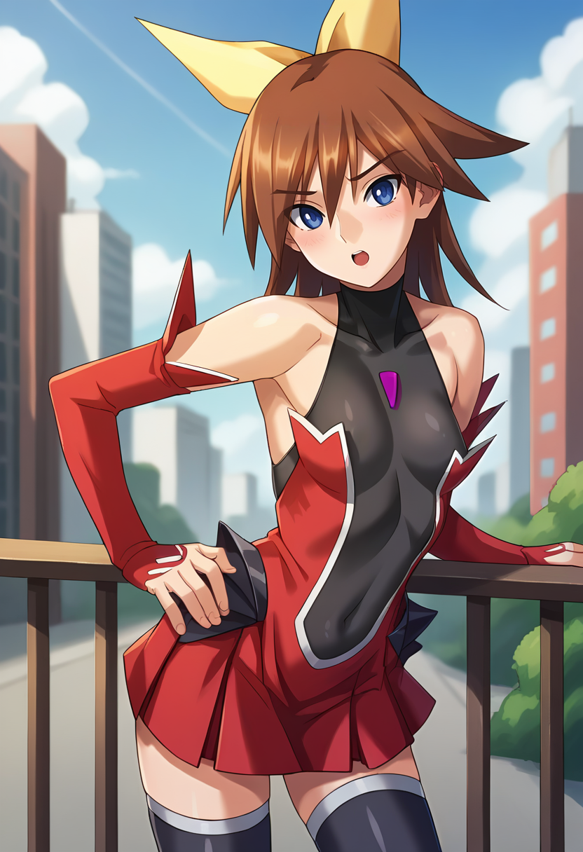 score_9, score_8_up, score_7_up, masterpiece, source_anime, 1girl, ct rin, medium hair, brown hair, blue eyes, hair ribbon, ribbon, leotard, covered navel, red miniskirt, red skirt, black thighhighs, detached sleeves, outdoors, city, depth of field, looking at viewer, leaning forward, cowboy shot, <lora:Rin_Kagano_Pony_ct-000011:0.9>