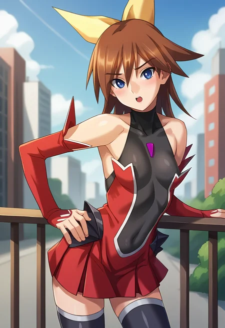 score_9, score_8_up, score_7_up, masterpiece, source_anime, 1girl, ct rin, medium hair, brown hair, blue eyes, hair ribbon, ribbon, leotard, covered navel, red miniskirt, red skirt, black thighhighs, detached sleeves, outdoors, city, depth of field, looking at viewer, leaning forward, cowboy shot, <lora:Rin_Kagano_Pony_ct-000011:0.9>