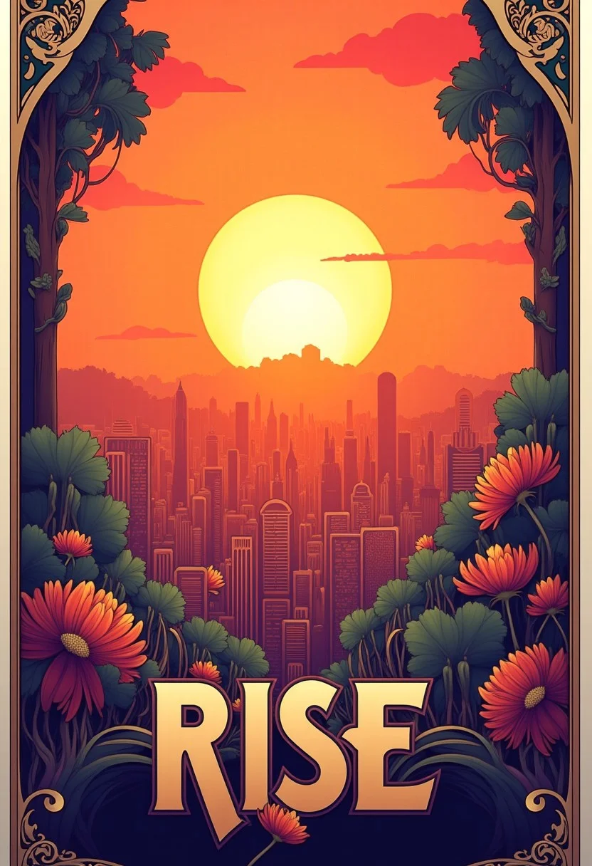 Geometric cityscape at sunset, poster with the text “RISE”, visual flourishes of light beams and abstract shapes, illustration in the style of ARTNV
