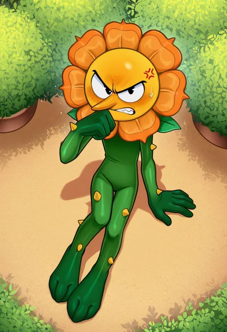 solo, male, plantform, plant boy, 1boy, CagneyCarnation, (orange petals:1.1), yellow face, pointy nose, pac-man eyes, detailed face, perfect eyes, black eyes, large head, round face, masterpiece, hires, absurdres, newest, perfect quality, best quality, ultra-detailed, detailed background, intricate details,
frown, teeth, (embarrassed:1.2), blush, narrowed eyes, half-closed eyes, looking up at viewer, looking at viewer, angry eyebrows, blush, tsundere, cartoonish anthropomorphic flower, orange bloom, green body, plant-like design, leafy hands, leafy feet, feet resemble leafy vines, (yellow thorns, body thorns:1.2), green stem-like body, (slim, skinny:1.1), narrow hips, full body, sitting, on ground, slouching, arm at side, arm support, hand up, wiping mouth, no penis, cocked hip, sweatdrop, anger vein,
BREAK
outdoors, (garden:1.1), flower, bloom, dappled sunlight, high-angle view, from above, shadow, detailed shading, light particles, pollen,