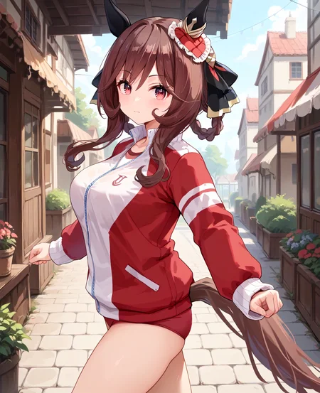 score_9, score_8_up, score_7_up, 1girl, (looking at viewer:1.2), (closed mouth:1.0), , , heart background,, (running:1.4),, (from side:1.2),
gentildonna \(umamusume\), <lora:pony_gentildonna_v1.01:1>, horse ears, horse tail, breasts, (large breasts:0.7), (brown hair:0.5),
<lora:_sdxl-um-tracenjersey-pony:0.6>, red jacket, track jacket, sleeves past wrists, tracenjerseyburuma, red buruma,,,