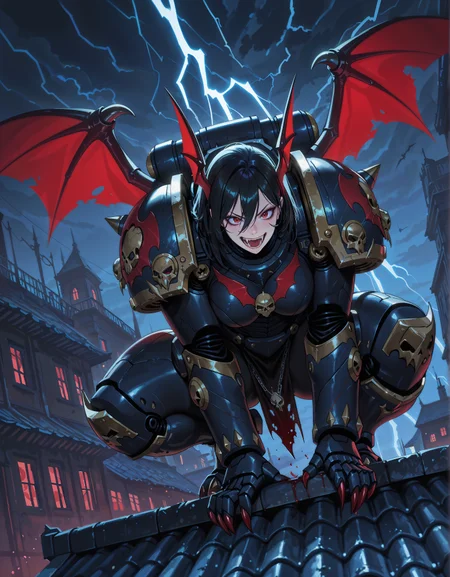 masterpiece, best quality,high quality, newest, highres,8K,HDR,absurdres, NightL40K, 1girl, vampire, claws, fangs, power armor, large bat wings, crouching on a rooftop of a building, night, blood moon, hunting, sneaking, lightning <lora:ILLNightL40K:1>