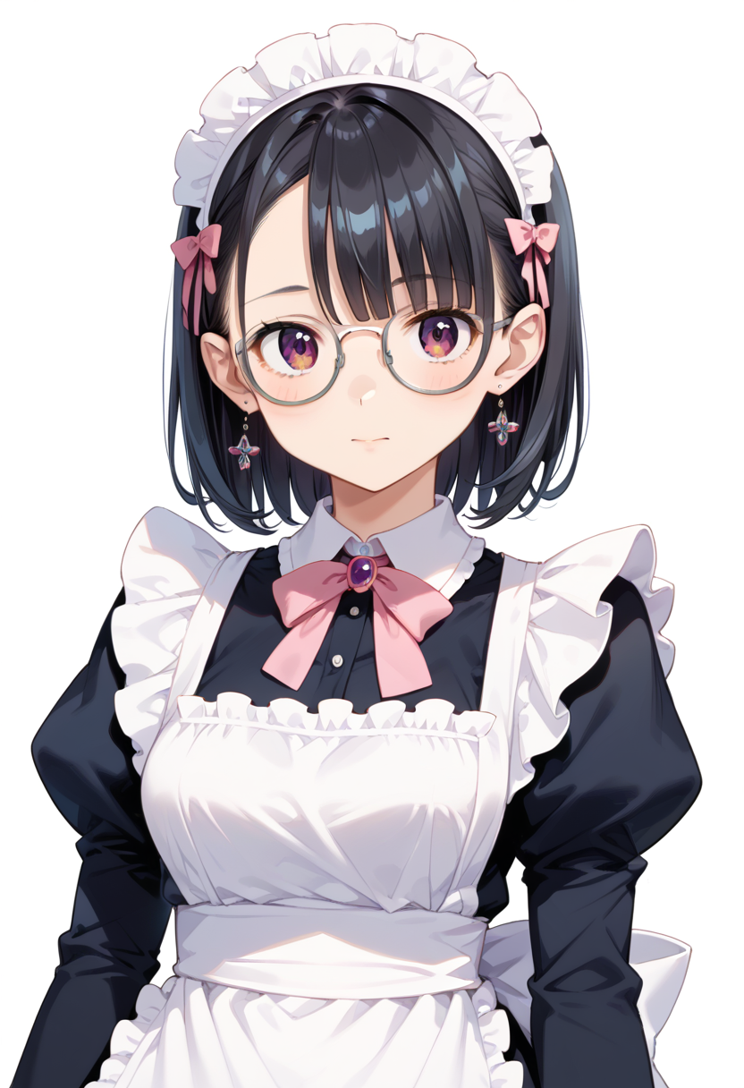 score_9, score_8_up, score_7_up, rating_safe, masterpiece, best quality, absurdres, unity 8k wallpaper, official art, official style, source_anime, uncensored, game cg, megami magazine,
1girl, solo, black hair, medium hair, upper body, covered eyes,maid, maid headdress, black dress, maid apron,
g-boston19A, glasses, simple background, white background, silver-framed eyewear,
<lora:glasses_boston19A_PONY_V1:1>