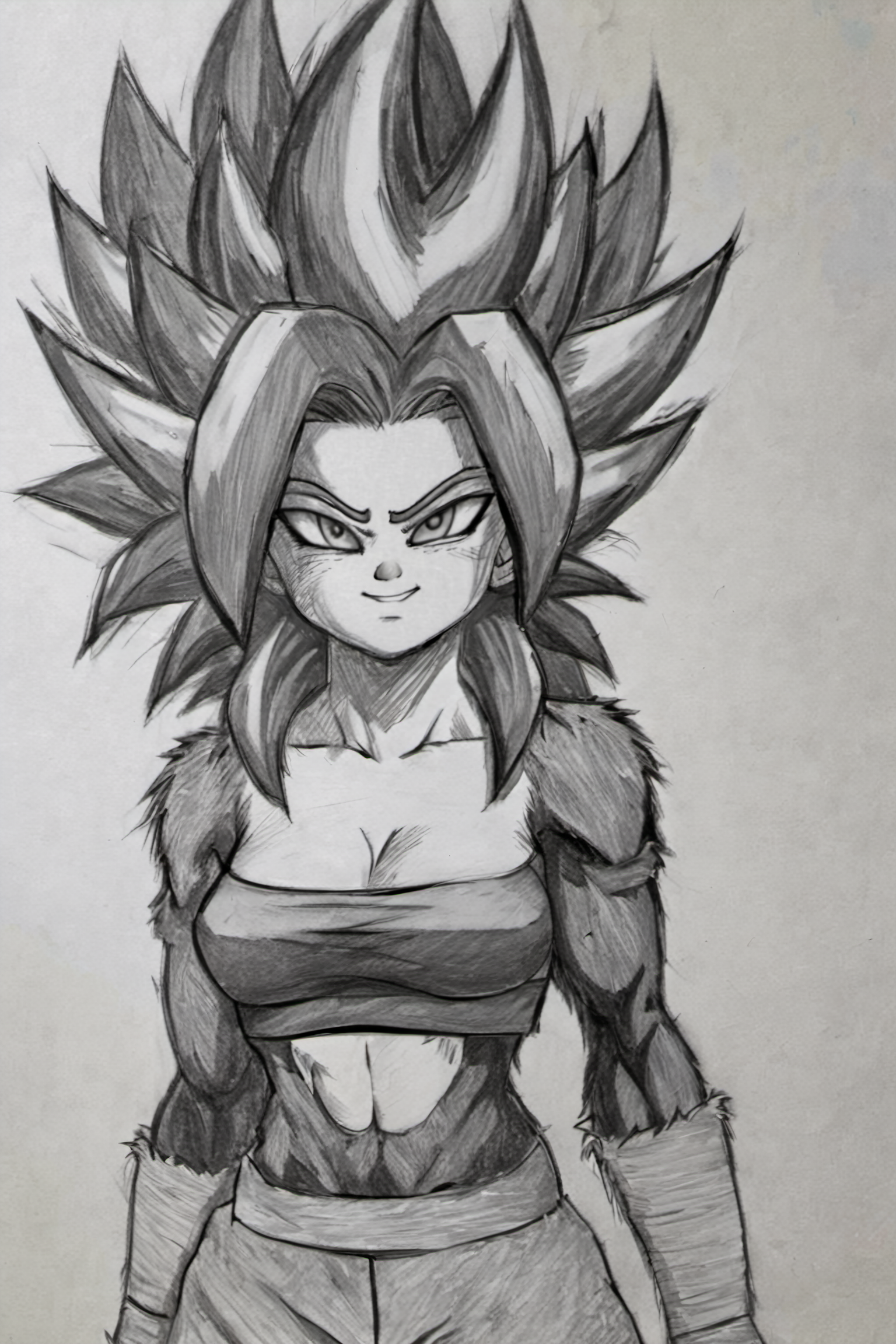 ((masterpiece, best quality)),  pretty eyes,  detailed face, 
(Pencil_Sketch,  messy lines,  greyscale,  traditional media,  sketch),  1girl,  solo,  navel,  medium breasts,  closed mouth,  standing,  midriff,  pants,  crop top,  strapless,  spiked hair,  bandeau,  tube top,  caulifla,  saiyan,  smile,  red fur,  body fur,<lora:Super_Saiyan_4_Caulifla:0.800000>, <lora:Anime_Sketch_SDXL:0.800000>