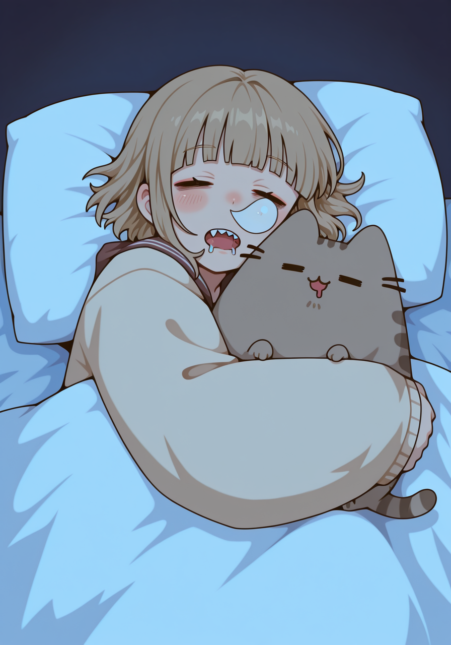embedding:IllusP0s, wfus3, nose bubble, sleeping, drooling, 1girl, Himiko Toga, hugging pusheen, hugging cat, night, bed, sheets,<lora:PusheenIXL.safetensors:0.9:0.9> <lora:nose_bubble_ill.safetensors:1:1>