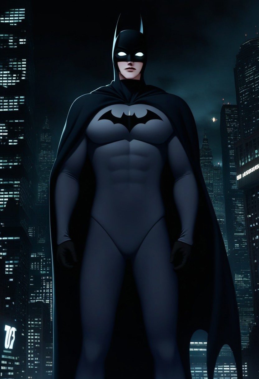 Batman in grey body suit, wearing black batman mask, black cape, standing in Gotham City, with glowing white sclera eyes, white sclera eyes, city, night, highly detailed, photography, 64k, Batman Vampire <lora:white sclera v2:1><lora:gotham city style v3:1>