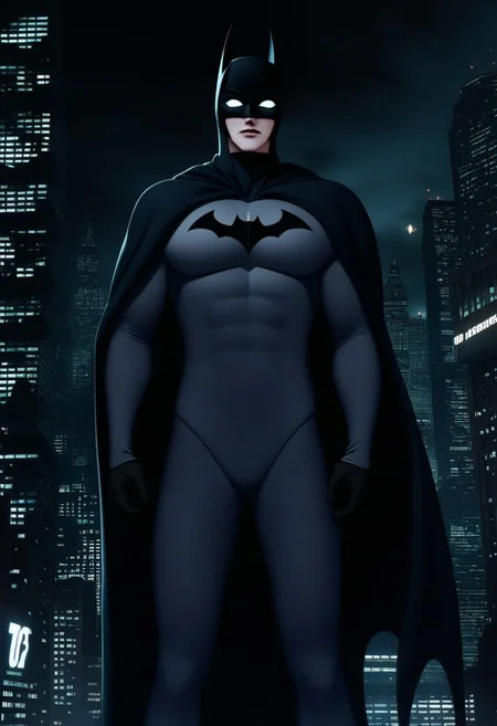 Batman in grey body suit, wearing black batman mask, black cape, standing in Gotham City, with glowing white sclera eyes, white sclera eyes, city, night, highly detailed, photography, 64k, Batman Vampire <lora:white sclera v2:1><lora:gotham city style v3:1>