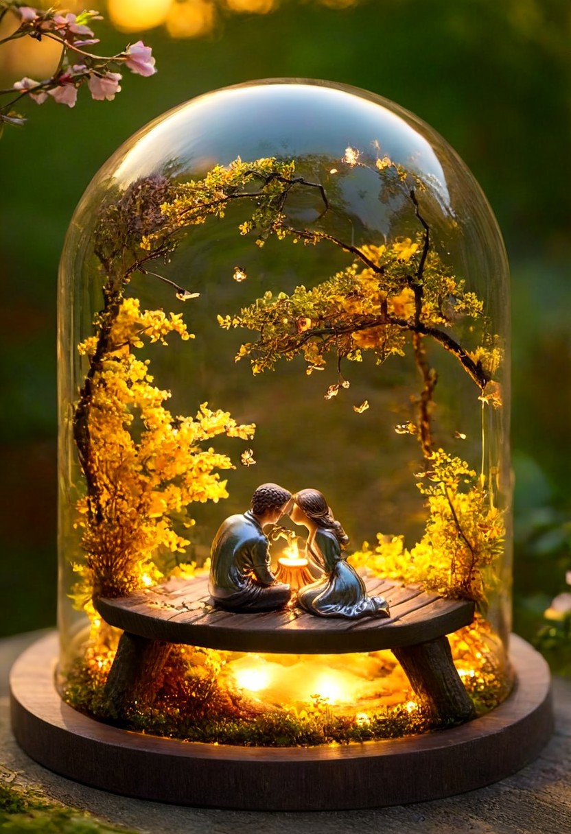 A meticulously crafted glass dome encapsulating a serene miniature version of lovers on a bench.  Rose, romantic couple, scenic landscape, golden sunset, lovers, park, enchanted forest, fireflies, soft lighting, warm tones, intimate atmosphere, dreamy, cinematic composition, nature and romance. realistic, photo