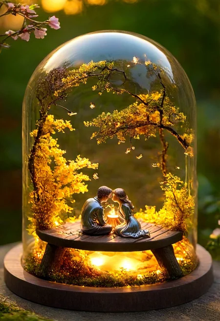 A meticulously crafted glass dome encapsulating a serene miniature version of lovers on a bench. Rose, romantic couple, scenic landscape, golden sunset, lovers, park, enchanted forest, fireflies, soft lighting, warm tones, intimate atmosphere, dreamy, cinematic composition, nature and romance. realistic, photo