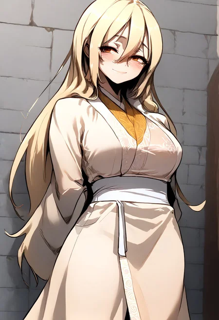 (score_9, score_8_up:1.1), score_7_up, 
masterpiece, source anime,solo,
from front,looking at the viewer,
blushed, smile, coquette smile,
hands hidden, arms behind the back,arms back,
1girl,adult woman,(mature female:1),
(perfect face:1.4),beautiful face, 
(perfect body:1.4),
(perfect eyes:1.4),
soft body,
slim, height,tall,
<lora:perky-breasts-ponyxl-lora-nochekaiser:1>, perky breasts,large breast,
WiSeol-Ah, amber eyes, long hair, servant clothes,Blonde hair, Seol clothes