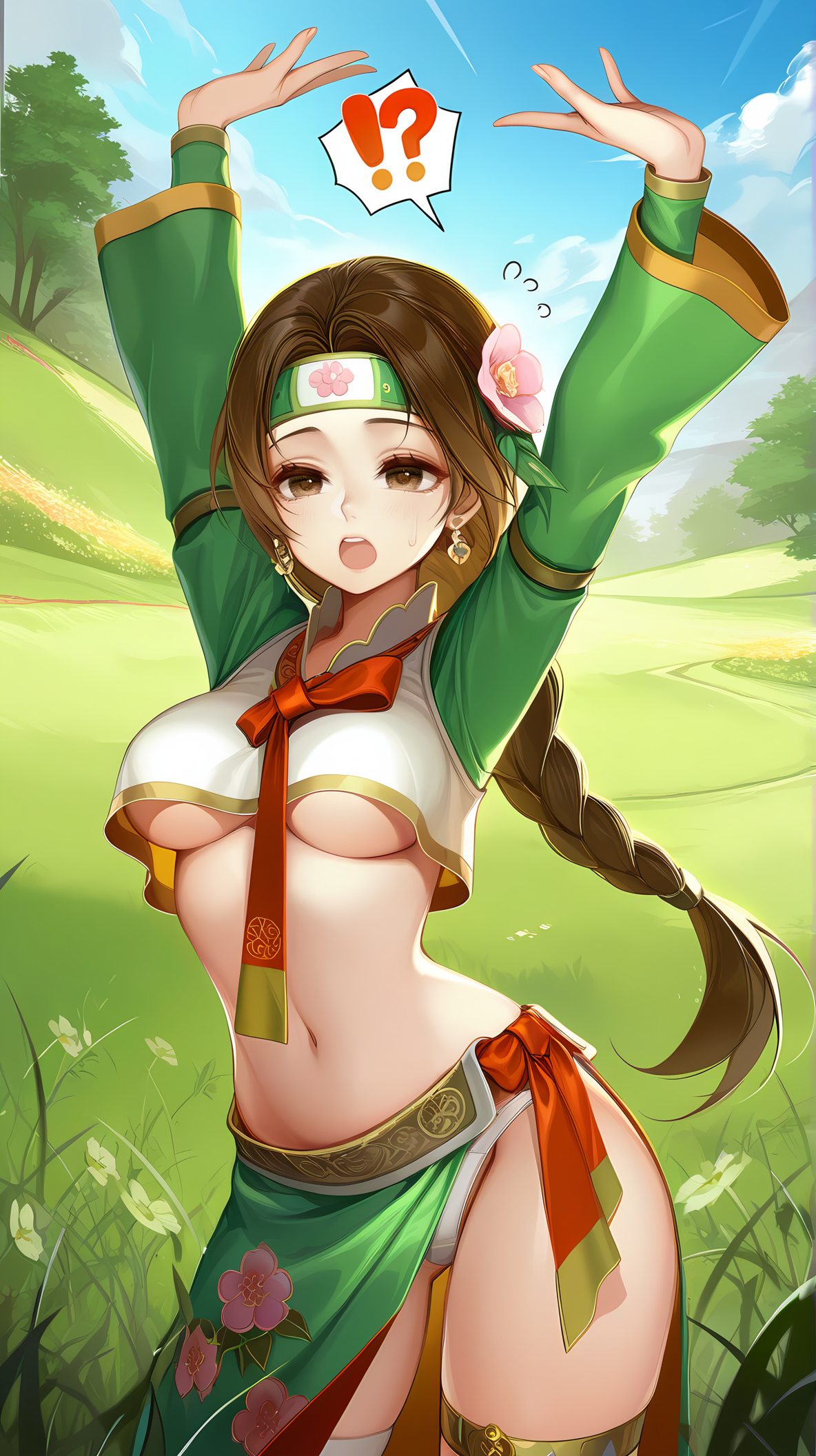 1girl, solo, (akizero1510:1.05),
 <lora:Seong_Mi-Na_SC4_Illu_Dwnsty:1>, mnseongsciv, brown eyes, brown hair, long hair, braided ponytail, long braid, long hair, headband, hair flower, hair ornament, jewelry, earrings, midriff, crop top, white vest, no bra, korean clothes, red necktie, norigae, jeogori (clothes), green sleeves, long sleeves, wide sleeves, underboob, white panties, single thighhigh, white thighhigh,navel, side slit, green sarong, floral print, open mouth,  !?, confused , perplexed , confused,  ..., . . ., half-closed eyes, stretching, arms up, victory pose, 
detailed eyes, detailed body,
blue sky, sunlight, nature, grass, folwer field, landscape, 
(masterpiece, best quality, aesthetic, detailed),