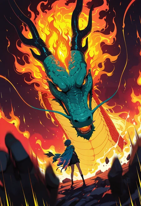 masterpiece, best quality, good quality, very aesthetic, absurdres, newest, 8K, depth of field, close up, 1girl, fighting, huge eastern dragon, dynamic angle, motion lines, battle, fiery background, neon flames, mist, asian, 