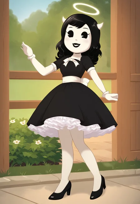 (Masterpiece, best quality:1.2), score_9, score_8_up, flat color, flat shading, soft shading, lighting, Alice Angel in a 1950's dress, a fluffy frilly ruffled full petticoat, and high heels, dress, layered petticoat, frilly petticoat, fluffy petticoat, full petticoat, wide dress, flowing dress, solid colored skirt, short sleeves, black hair, Bendy and The Ink Machine, series accurate, cute, best high quality, high res, black lips, white colored skin, whole body shot, 1girl, solo, outside, standing straight, in a garden, cute, adorable, smile, skirt tug, ground level angle, low upward angle, cartoon, cartoon style, vector, solo, circle dress, 1950s, alice angel