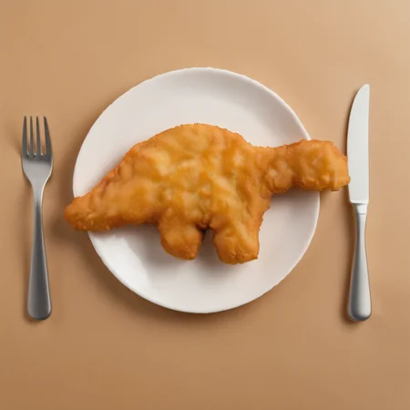 DinoNugget food, brachiosaurus, on plate, next to fork and knife
<lora:DinoNuggets_JuggernautXL_8_v2:1>