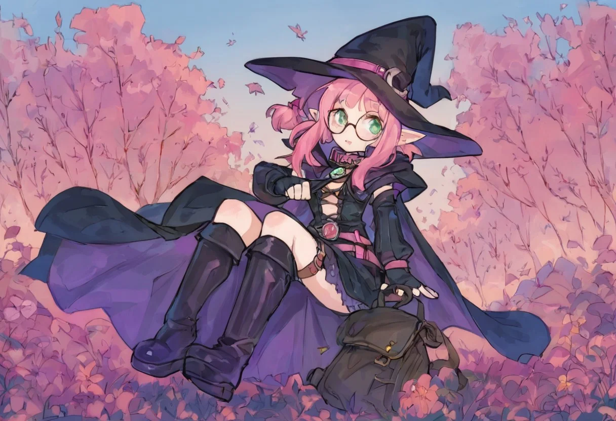 score_9, score_8_up, score_7_up, score_6_up, score_5_up, Full Body, 1girl, solo, pink hair, very short hair, short twin low ponytails, twin low ponytails, elf ears, round glasses, green eyes, young girl, slim build, exposed legs, light skin, mage outfit, black witch hat, black vest, dark-grey tabard, black gloves, pink belt, black belt gemstone, purple pelvic curtain, purple over-kneehighs, ribbed, purple boots, center opening, blaxk detached sleeves, thigh strap, pouches, necklace, pendant, witch hat, witch robe with cape, witch cloak, violet corset, black bodysuit, black gloves, fingerless gloves, pink accents in outfit, purple boots, leather mid-calf boots, leather thigh-high boots, feathered collar, belt with pouches, belt with buckles, chest harness, tattered cape, cape with tattered edges, witchxl,