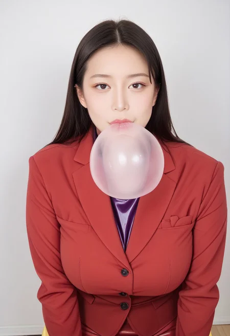 white skin, photo of an 22-year-old Korean idol,masterpiece, best quality,smiling, realistic,score_9, score_8_up, score_7_up, full body shot, semi realistic,forehead, shot,black hair,mature asian,milf, 
1girl, female, huge breasts, thick thighs, wide hips, horny, lips, korean_race_queenv2,gini_S2,Realisian-Neg, (yellow and black checkerboard skirt),(stiped yellow and red suit), (dark-purple latex shirt),pantyhose, parted bangs,manhwa milf, queen bee ami, lips (blowing clear large bubblegum)