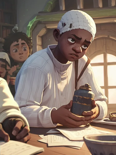 score_9, score_8_up, score_7_up, young ekko, orphan, a man in a white hat is sitting on a chair, gloves, 1boy, holding, white shirt, male focus, multiple boys, indoors, 2boys, dark, <lora:arcane_pony_v1-2_mx:0.95>