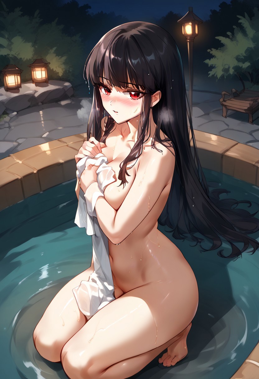 zPDXL3, score_9_up, score_8_up, score_7_up, (Anime_source), 1girl, YanXing, red eyes, black hair, long hair, nude, towel, covering, parted lips, kneeling in hot tub, outside, night, trees, cowboy shot, steam, wet, looking at viewer, from side, from above, blush