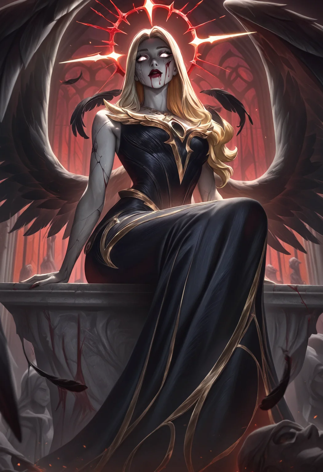 West Studio, SIXMOREVODKA, best quality, masterpiece \(quality\), L0LSPL4SH, year2024, year2023, 1girl,
A fallen angel sits chained to a massive obsidian monolith in a ruined cathedral, her once-golden wings now scorched and tattered. Her armor is cracked, revealing her pale, scarred skin, and a broken halo flickers above her head. The cathedral around her is in disrepair, with shattered stained-glass windows and crumbling stone pillars. Black feathers litter the ground as she stares up at the blood-red sky, her glowing white eyes filled with sorrow and rage.
horror \(theme\), cracked skin, light particles, solo, sunlight, long hair, blood from mouth, looking at viewer, blood, red lips, angel wings, ruins, blonde hair, black dress, armor, red halo, halo, statue, halloween costume, sitting, chain, church, wings, light rays, broken pillar, glowing, white eyes, blood on face, sunbeam, indoors, feathers, black feathers, english text, angel statue, gold trim, dress
, <lora:L0LSPL4SH_IllustriousXLv01:1>