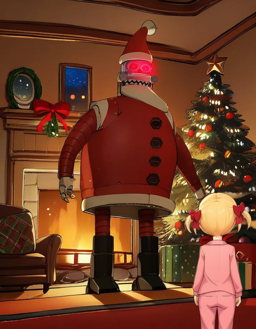 r0b0t_s4nta_c1aus, anime, robot_santa, standing, glowing red eyes, christmas tree, indoors, night, living room, fireplace, solo