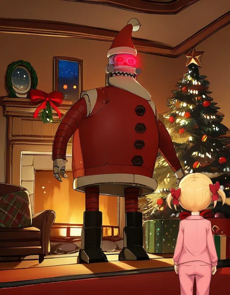 r0b0t_s4nta_c1aus, anime, robot_santa, standing, glowing red eyes, christmas tree, indoors, night, living room, fireplace, solo