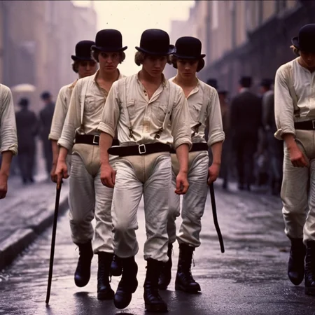 cinematic film still of <lora:perfection style:0.5> <lora:detailed:0.5> perfection detailed
<lora:Clockwork Orange film style:0.9>
In a futuristic dystopian Britain a group of gang men walking down a street,shirt,hat,holding,standing,closed eyes,white shirt,male focus,boots,multiple boys,black footwear,black headwear,parody,walking,4boys,realistic,white pants,5boys,cane,photo background , cinematic, film, kodak, Clockwork Orange film style, shallow depth of field, vignette, highly detailed, high budget, bokeh, cinemascope, moody, epic, gorgeous, film grain, grainy