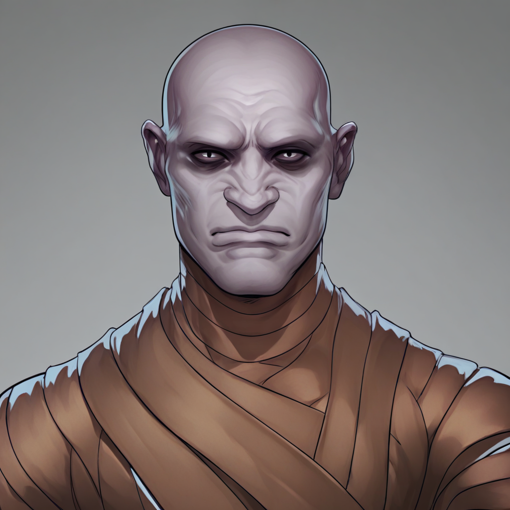 score_9_up, score_8_up, score_7_up, line art, 1boy, fort_mummy, grey skin, bald, blind eyes, bandaged body, solo, portrait, calm,