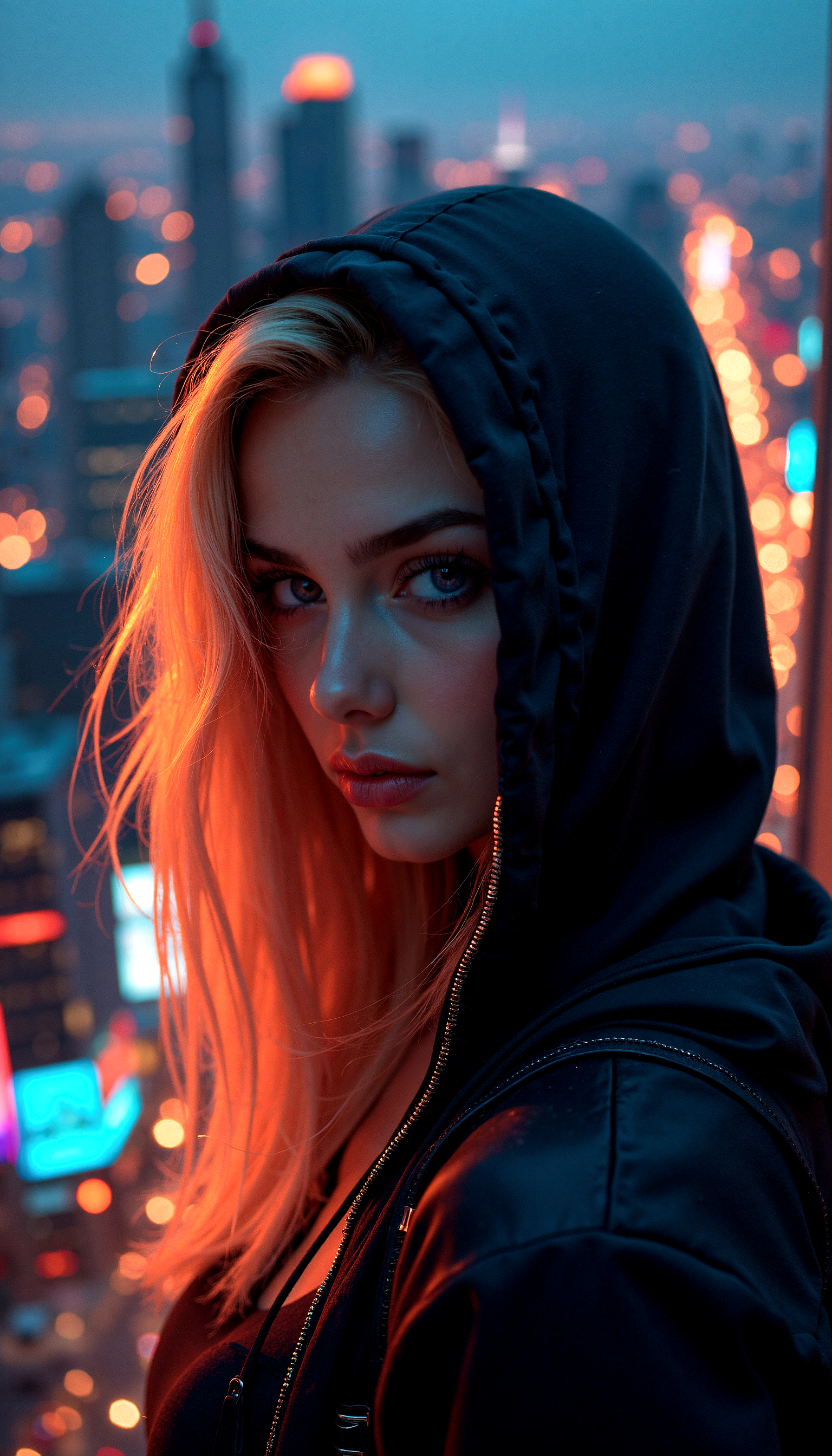 "A photorealistic image of a confident woman with flowing blonde hair illuminated by the soft glow of city lights, wearing a sleek black hoodie pulled over her head. The subtle reflections of neon lights dance on her hair strands, creating a dynamic interplay of colors. Her smirk and sharp eyes exude mystery and allure. The urban cityscape below is bathed in warm tones of glowing windows and the cool ambiance of the night sky. The camera angle is elevated, giving a breathtaking perspective of the sprawling city, with every skyscraper, streetlight, and distant road rendered in intricate detail."
































