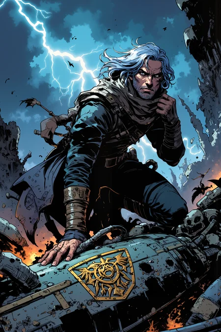 In a world where the sky is forever shrouded in storm clouds, an investigator with silver-threaded hair and deep, ink-black eyes stands at the edge of a bottomless chasm, studying the remains of a shattered airship. The wreckage is twisted and burned, its metal hull scorched with claw marks too large for any known creature. Lightning flashes, illuminating the abyss below, where something vast and slithering moves beneath the surface of the mist. The investigator adjusts the sigil-laced scarf wrapped around their throat, its runes flickering as if whispering warnings only they can hear. They crouch, tracing the charred edges of the shipâs insigniaâa crest that was erased from history a century ago. The wind howls through the wreckage, carrying the scent of ozone and something far older, something that doesn't belong in this world. Nearby, a single black feather, larger than a manâs arm, is half-buried in the mud, still pulsing faintly with a heartbeat not its own. The detective has chased myths before, but tonight, the myth might be hunting back. , detailed background Fantastic lighting. Detailed shadows.intricate details, vivid colors, hyper-detailed, ultra-sharp, , <lora:Ev_Ganin:0.4><lora:Vintage comic book:0.4><lora:RetroAnimeFluxV1:0.15><lora:Greg_Capullo_style:0.4><lora:jeanClaude_Mzires_Style_FLUX-000001:0.4><lora:Flux_Ink_Anime:0.4>