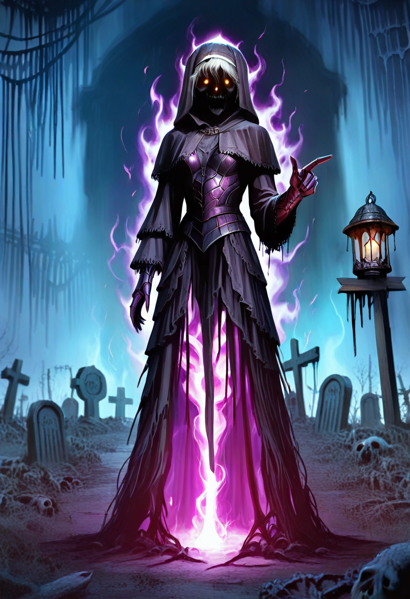 masterpiece, best quality, amazing quality, 1girl, solo, black armor, Specter, Dark Knights, purple armor, glowing ghostly aura, pointing to the viewer, full body, abandoned cemetery, horror-theme, digital art, dark fantasy, eerie lantern-lit, ethereal energy crackling, supernatural, hauntingly beautiful, baroque details, chiaroscuro