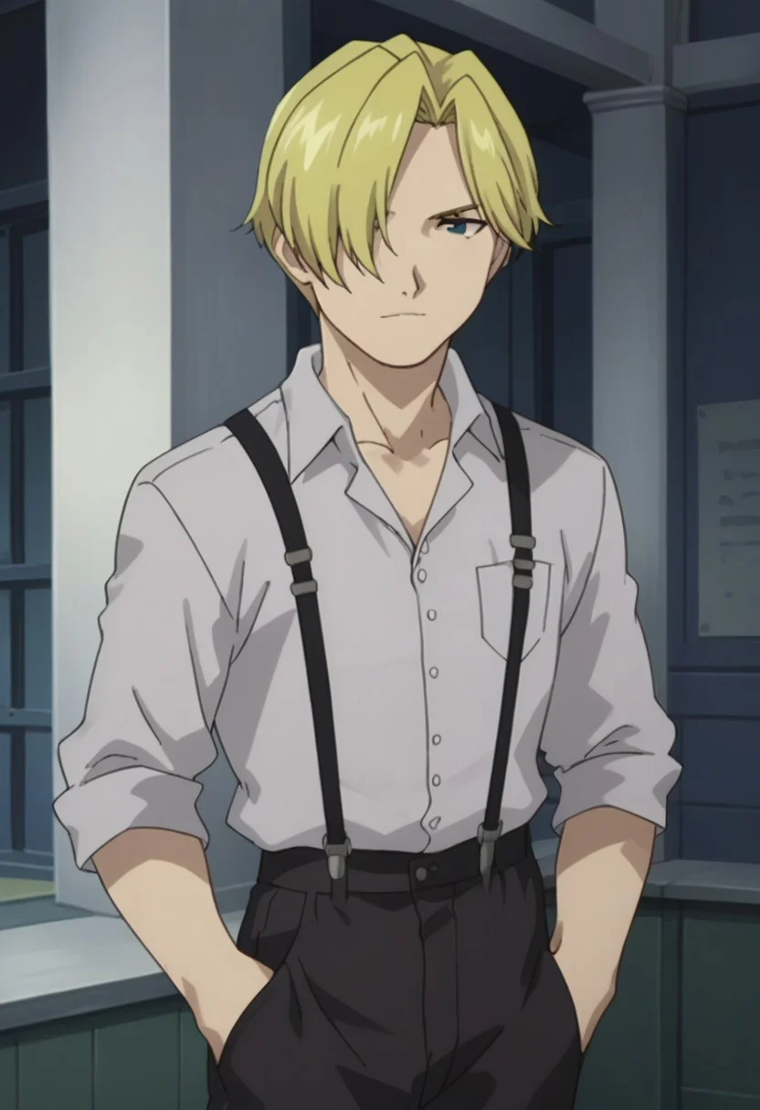 score_9, score_8_up, score_7_up, source_anime, highly detailed,
russelltringham, 1boy, solo, male focus, blonde hair, blue eyes, suspenders, shirt, upper body, pants, hand in pocket, black pants, white shirt, collared shirt, standing, hair over one eye, looking at viewer,
indoor,