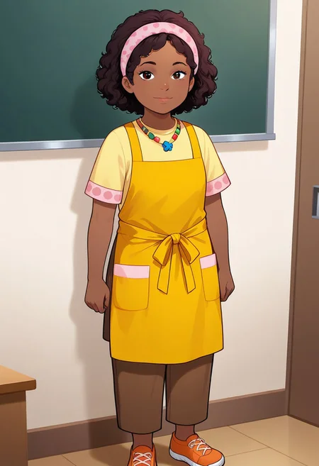 1girl, solo, Teacher Harriet, dark-skinned female, shoulder-length curly hair with pink hairband, yellow apron with pink pockets, short sleeved yellow shirt, brown pants, orange shoes, necklace, standing, looking at viewer, indoors