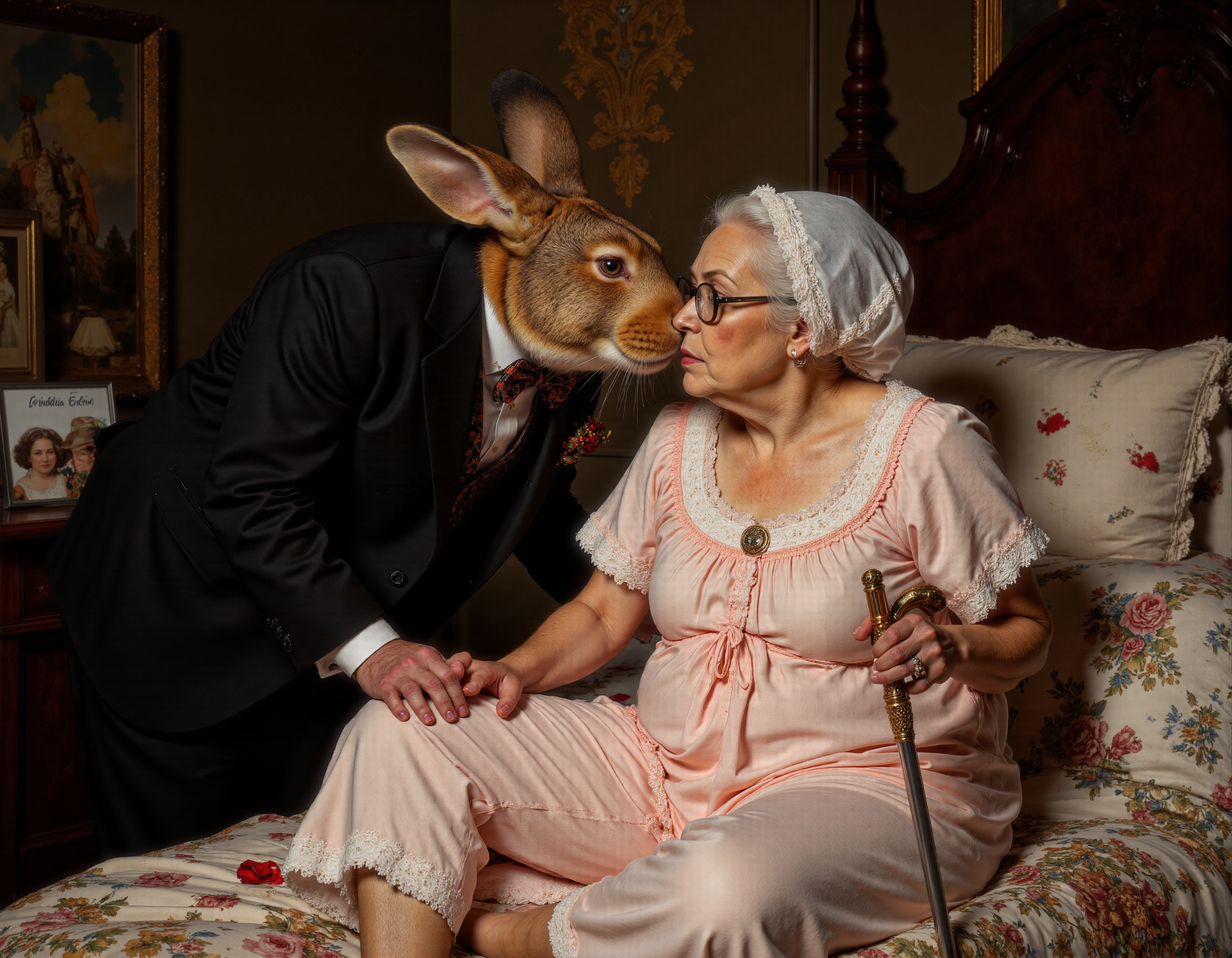 full body shot of Rembrandt style <lora:antr:1>, A comical and whimsical scene of an anthropomorphic rabbit and a quirky little old lady, both the same size, sharing a humorous yet affectionate moment on a cozy bedroom bed. The rabbit, dressed in a dapper suit with a bowtie slightly askew, leans in for an exaggerated dramatic kiss with the elderly woman, who is wearing a frilly nightgown, fluffy slippers, and a hairnet. Her oversized glasses are crooked, and she holds a cane topped with a heart-shaped charm, adding to the playful vibe. The bed is adorned with mismatched floral sheets and scattered rose petals, while funny details like a bottle of 'Grandmaâs Elixir' on the nightstand and a photo of them together in silly hats add to the humor. Soft lighting and charming decor create a warm, lighthearted atmosphere, while subtle comedic touchesâlike a mischievous cat peeking out from under the bed or a pair of dentures resting nearbyâenhance the absurdity . Baroque, chiaroscuro, realistic, emotional, "flat lighting. Whole outfit, clear, sharp, balanced