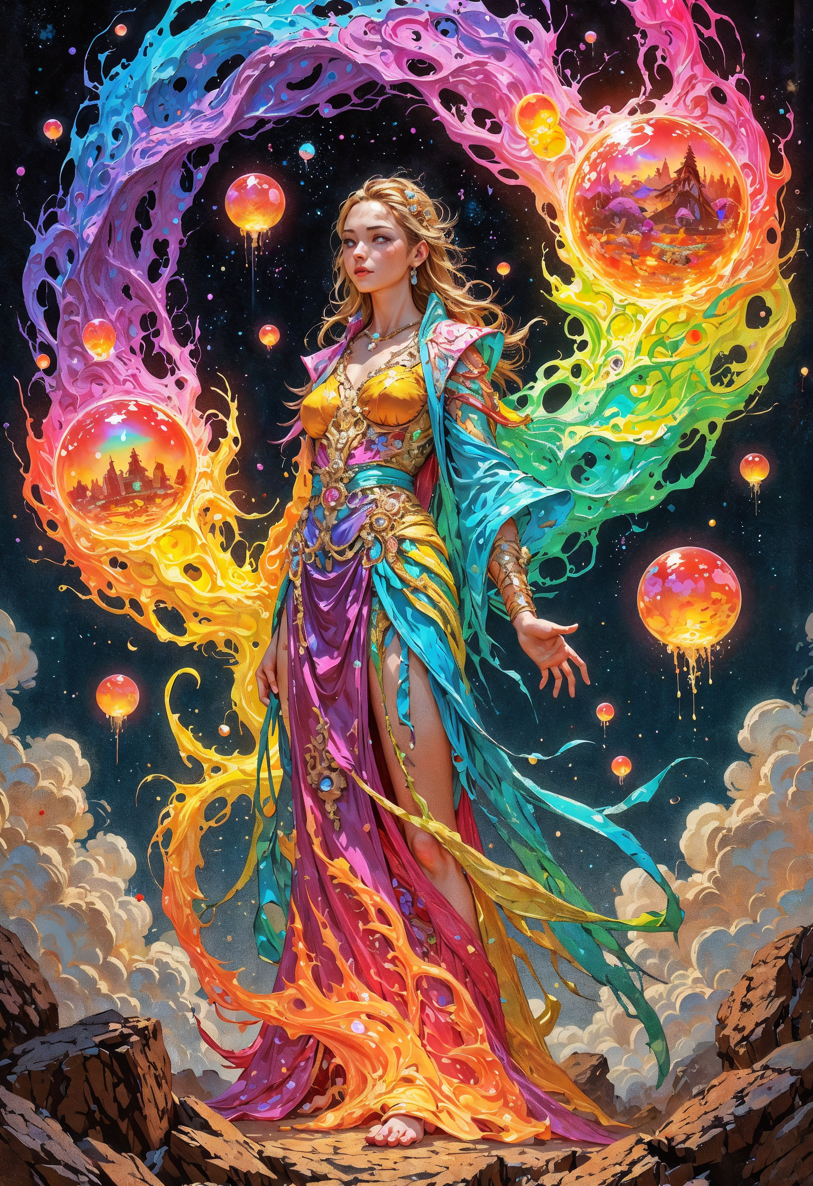 (in Otomo Katsuhiro style:1.2), masterpiece, high-quality, A regal figure adorned in robes resembling flowing glass that refract light into colorful rainbows around her, Shes surrounded by floating orb-like celestial bodies that pulse in time with her heartbeat, each containing fragments of vivid landscapes, Her presence evokes a divine yet fragile energy, glass rainbow, celestial orbs, divine fragility, (Stylized art nouveau-inspired with intricate luminous details and organic shapes:1.1), (elaborate fine details:1.1), (hyperdetailed:1.1), (intricate details:1.0), (Refined details:1.1), (best quality:1.1), (high resolution:1.2), <lora:FLUX\Anime v1.3:0.6> <lora:FLUX\VividlyReal:0.6> <lora:FLUX\FLUX-daubrez-DB4RZ:0.4>