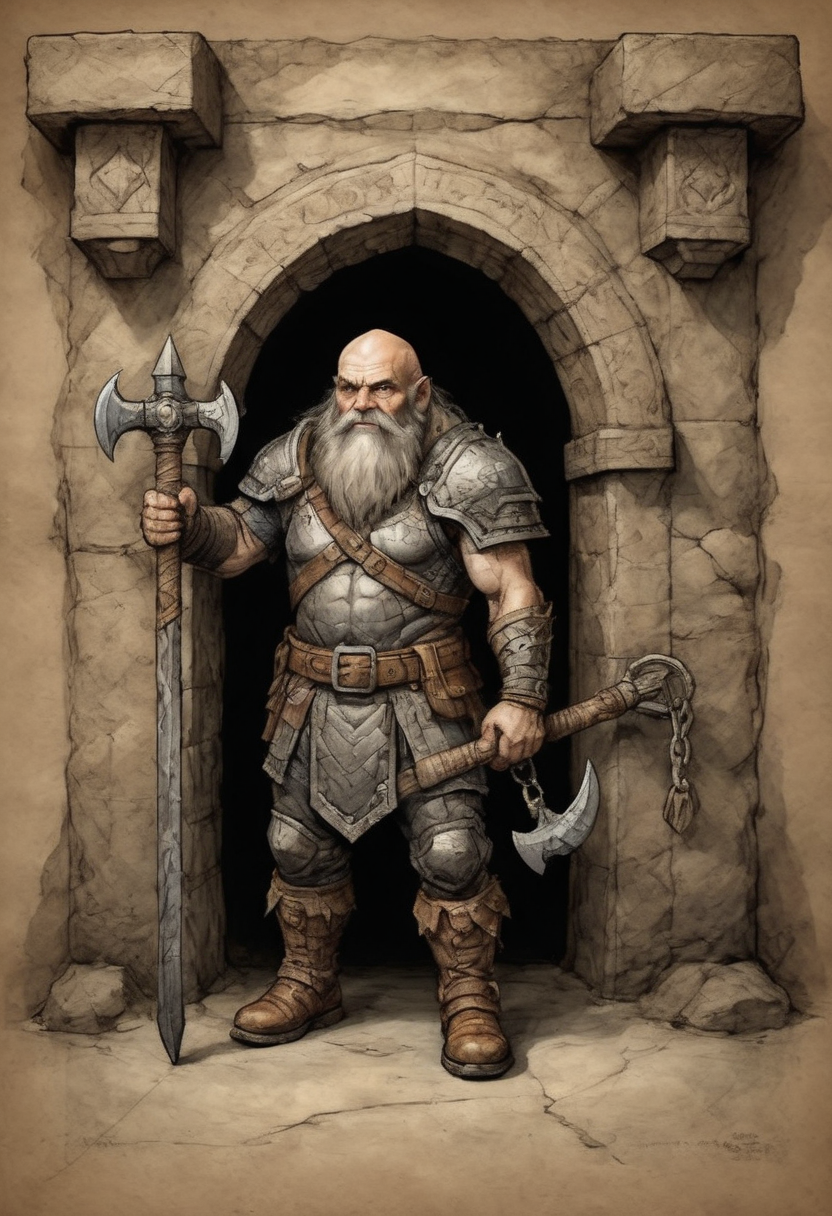on parchment long-bearded dwarf with war axe in chain metal armor and leather boots emerging from the shadows of dwarf-carved stone mountain doorway a tall elaborate stone door 