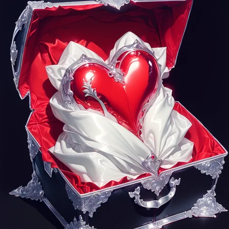 Score_9, score_8_up, score_7_up, score_6_up, BREAK <lora:Hyperdetailed_Colored_PencilPony:1> ArsMJStyle, Colored pencil hyperdetailed realism, The image is a digital illustration of a heart-shaped box with a red interior. The box is made of silver and has an ornate design on the sides and a handle on the top. The lid of the box is open revealing the interior which is lined with white fabric. Inside the box there is a red heart that appears to be made of paper or fabric. The heart is placed on a white surface and the background is black. The overall color scheme of the image is red and white giving it a romantic and elegant feel., shiny, shiny clothes, still life, black background, shiny skin, no humans, simple background, reflection, latex, gem