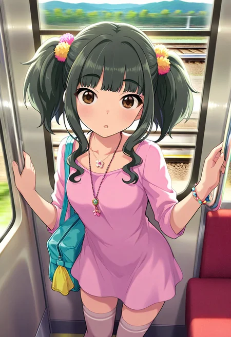 masterpiece,best quality,amazing quality, fujii tomo, brown eyes, dark green hair, 1girl, jewelry, twintails, solo, bracelet, thighhighs, necklace, train interior, hair ornament, looking at viewer, bag, wavy hair