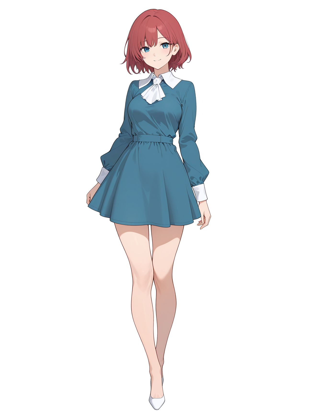 masterpiece, high quality,
1girl, solo,
collared blue dress, long sleeves, white ascot, bare legs, white flats
<lora:DK_sayla_outfits_il_0512d:0.8>
smile, looking at viewer,
standing, full body, 
simple background, white background,