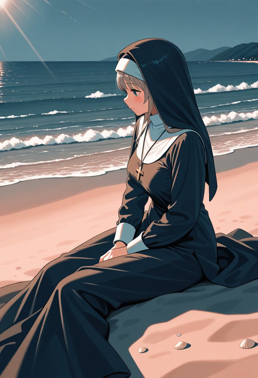 masterpiece, best quality, amazing quality,general, nun, beach, sunlight, limited palette,