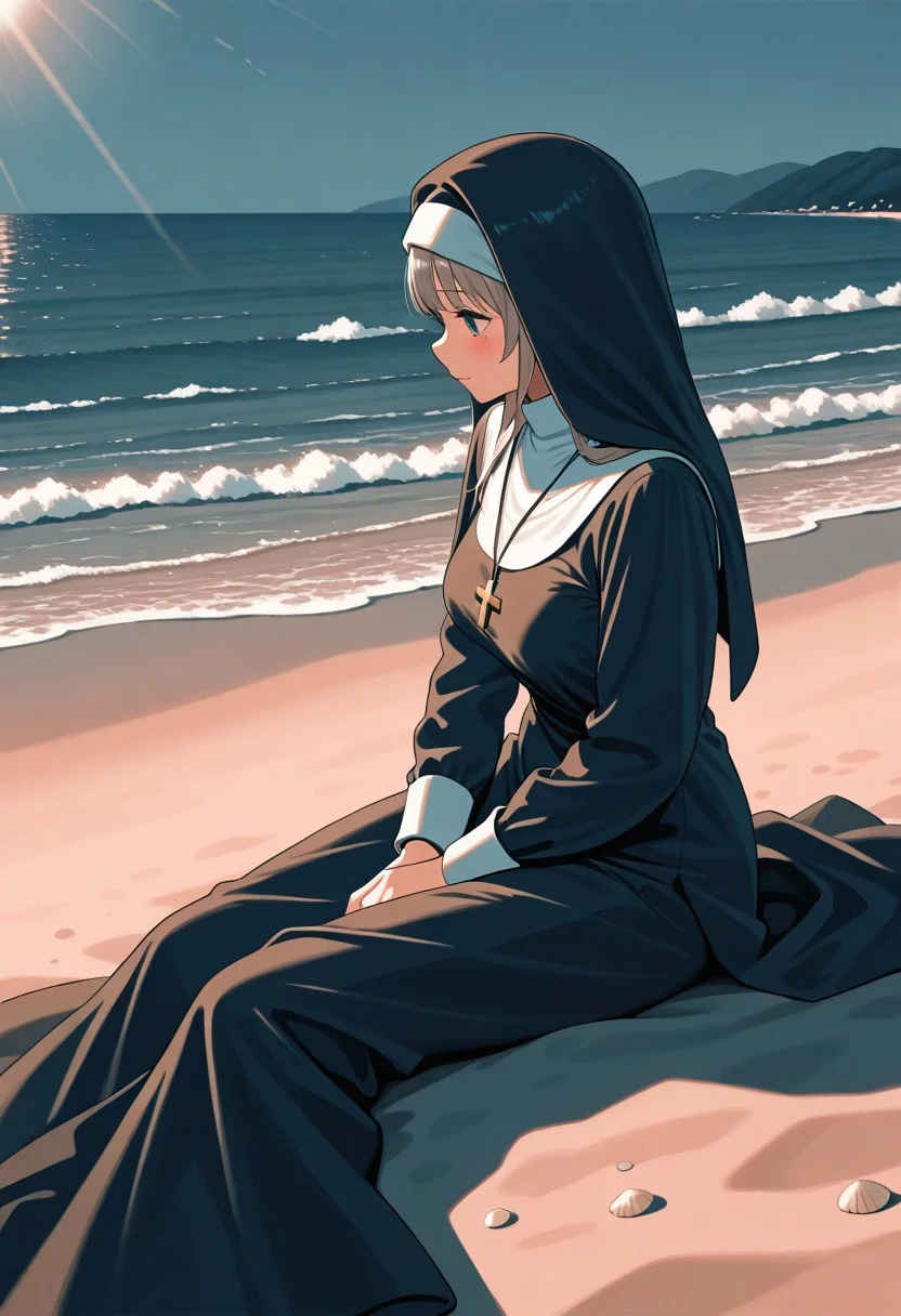 masterpiece, best quality, amazing quality,general, nun, beach, sunlight, limited palette,