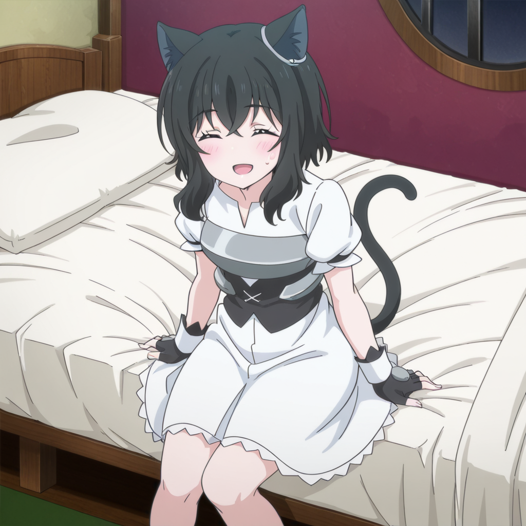 nsfw, masterpiece,best quality,amazing quality,
1girl, solo, reincarnated_as_a_sword_fran, sitting on bed, closed eyes, blush , blue eyes, open mouth, sweatdrop, fingerless gloves, puffy sleeves, white dress, tail, black hair, smile, cat tail, cat ears, animal ears, short hair, slooking at viewer, indoor, bed, bedroom, <lora:Fran_-_Reincarnated_as_a_Sword:0.7>