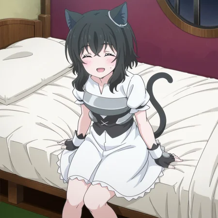 nsfw, masterpiece,best quality,amazing quality,
1girl, solo, reincarnated_as_a_sword_fran, sitting on bed, closed eyes, blush , blue eyes, open mouth, sweatdrop, fingerless gloves, puffy sleeves, white dress, tail, black hair, smile, cat tail, cat ears, animal ears, short hair, slooking at viewer, indoor, bed, bedroom, <lora:Fran_-_Reincarnated_as_a_Sword:0.7>