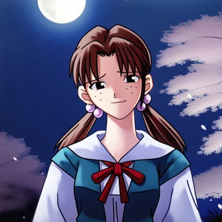 masterpiece, best quality, outdoors, moon, night, moonlight, sakura, sakura trees, looking at viewer, <lora:Tsukihime NXL:1>,masterpiece, best quality, very aesthetic, absurdres,1girl, hikari horaki, brown hair, twintails, freckles, hair bobbles, long hair, black eyes,ribbon, short sleeves, suspender skirt, tokyo-3 middle school uniform,
arms behind back, sad smile, upper body, looking at viewer, solo, <lora:HikariHorakiNoobXL_byKonan:1>