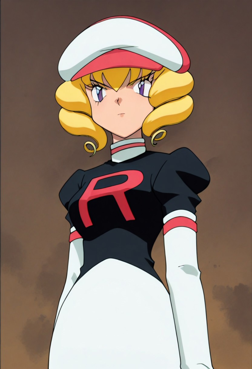 score_9, score_8, score_7_up, source_anime, anime_coloring, anime_screenshot, highres, rating_safe
PKMNDomino, 1girl, blonde hair, short hair, eyelashes, blue eyes, purple eyes, drill hair, bangs, , hat, white headwear, team rocket, team rocket uniform,
solo, standing, cowboy shot, face focus