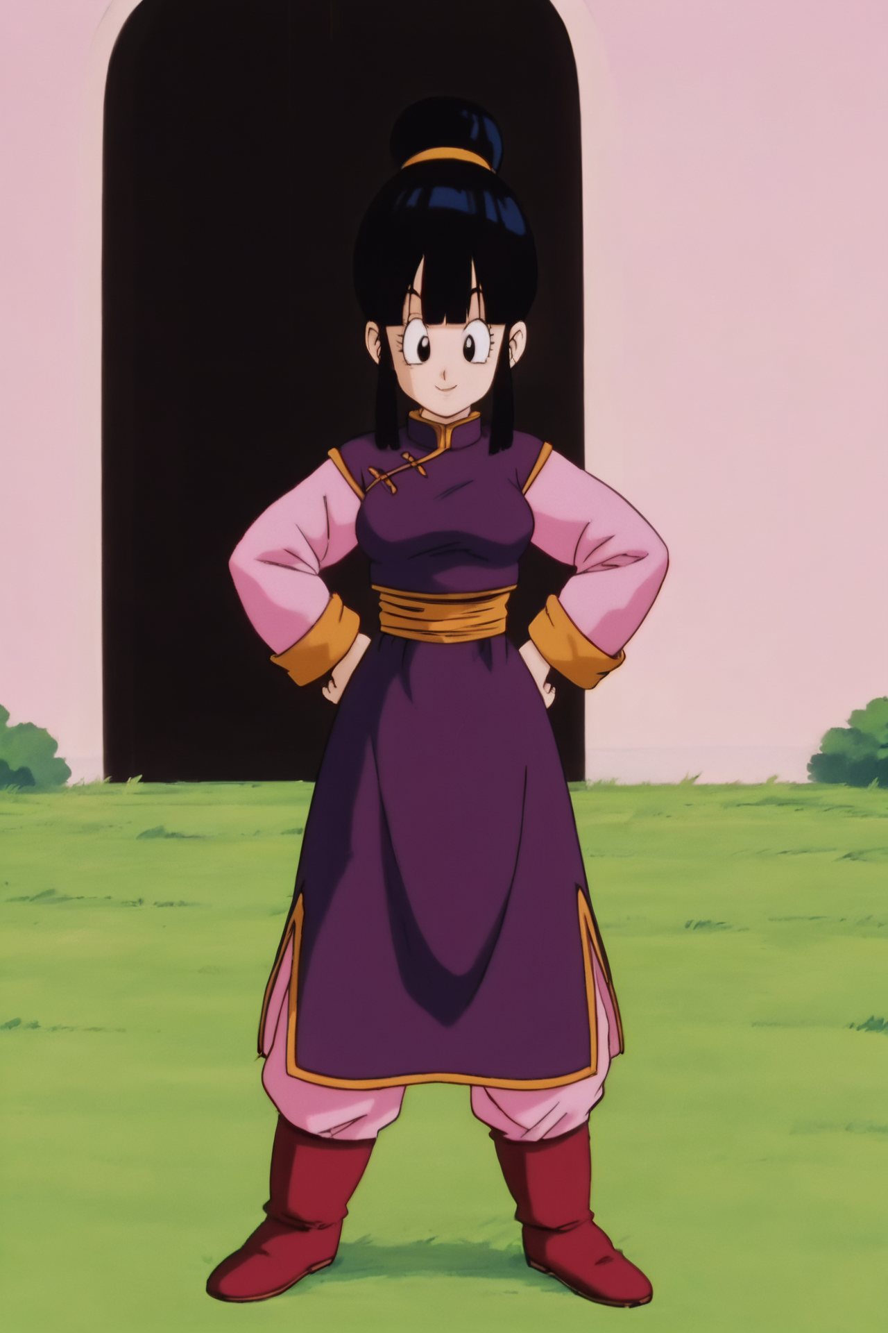 source_anime, score_9, score_8_up, score_7_up, anime screencap,8k, absurd res,
chi-chi, 1girl, solo, breasts, looking at viewer, smile, bangs, grass, outdoors, black hair, long sleeves, pink sleeves, house, medium breasts, closed mouth, standing, full body, sidelocks, boots, pink pants, blunt bangs, hair bun, black eyes, orange sash, eyelashes, chinese clothes, happy, single hair bun, red footwear, china dress, purple dress, legs apart, hands on hips, (raised eyebrows)
 <lora:chichiDBZ_pony_v1:0.8>